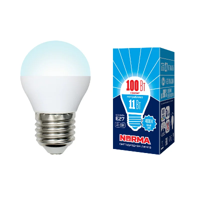 Лампа светодиодная LED-G45-11W/NW/E27/FR/NR Форма шар, матовая. Серия Norma. Белый свет (4000K). Картон. ТМ Volpe