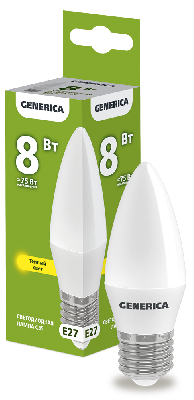 Лампа светодиодная C35 свеча 8Вт 230В 3000К E27 GENERICA
