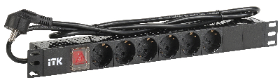 Блок розеток (PDU) 6 розеток DIN49440 с LED выключателем 1U шнур 2м вилка DIN49441 профиль из ПВХ черный (нем.станд)